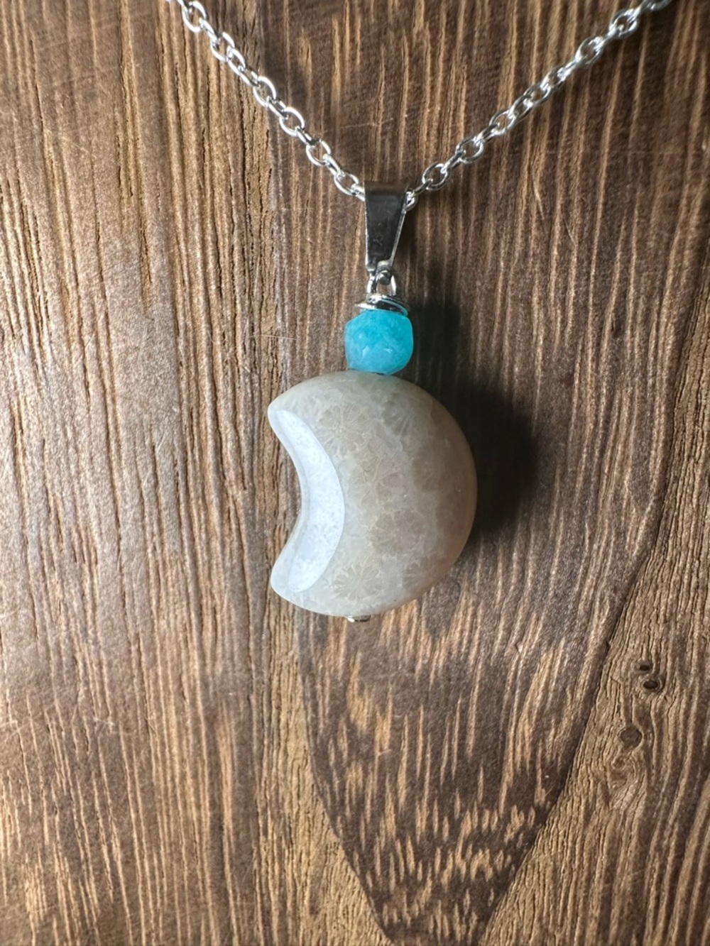 Small Coral Fossil Crescent Moon Charm Pendant Necklace, Amazonite and Silver - Picture 4 of 13